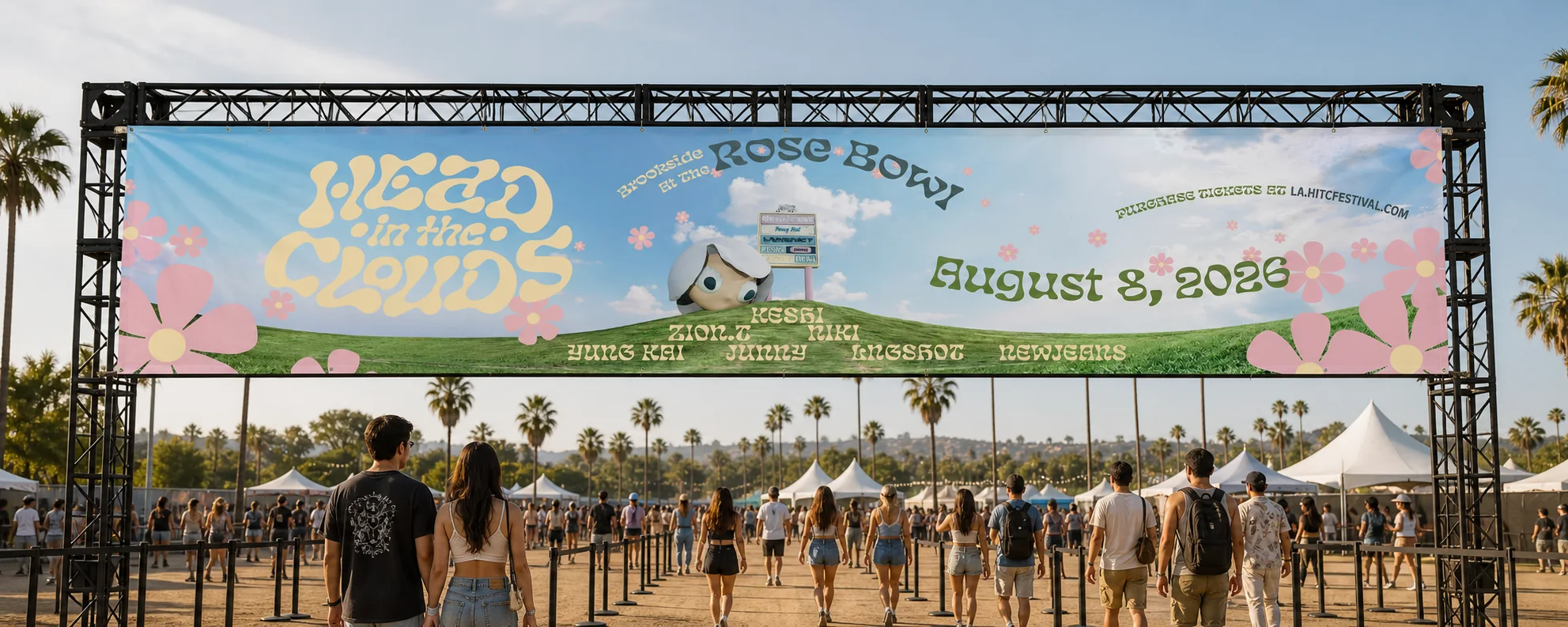 Festival entrance arch with the pastel Head in the Clouds banner, Rose Bowl, August 8, 2026