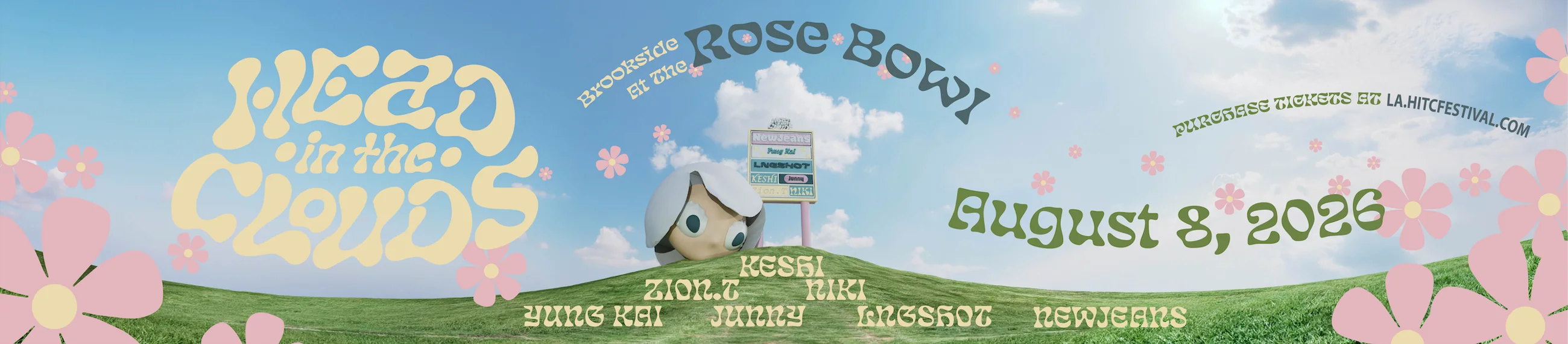 Wide festival banner: Head in the Clouds, Brookside at the Rose Bowl, August 8, 2026, with the lineup on a green hill