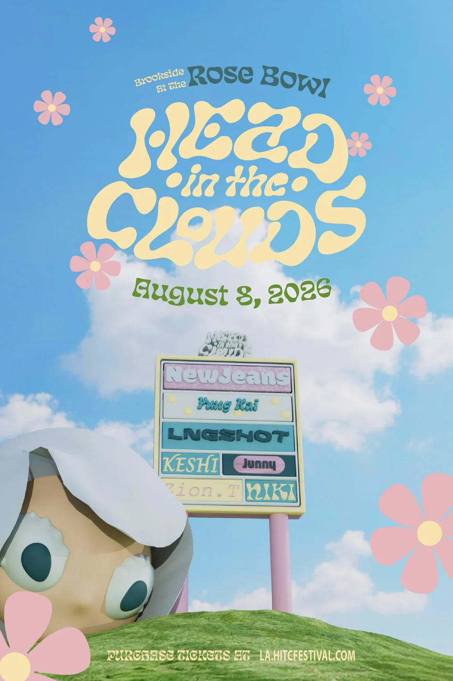 Poster: Head in the Clouds, Rose Bowl, August 8 2026, with lineup sign and mascot