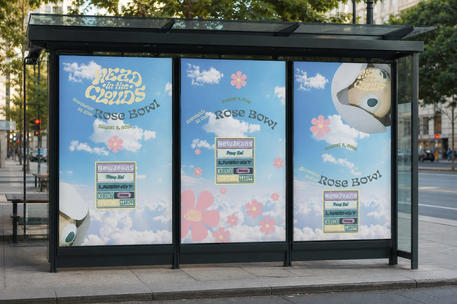 Bus shelter displaying three Head in the Clouds posters with clouds, pink flowers, and the cloud-headed mascot