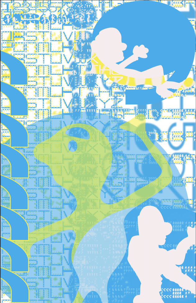 Poster layering blue letterforms, yellow-green figures, and white silhouettes over a pale blue ground