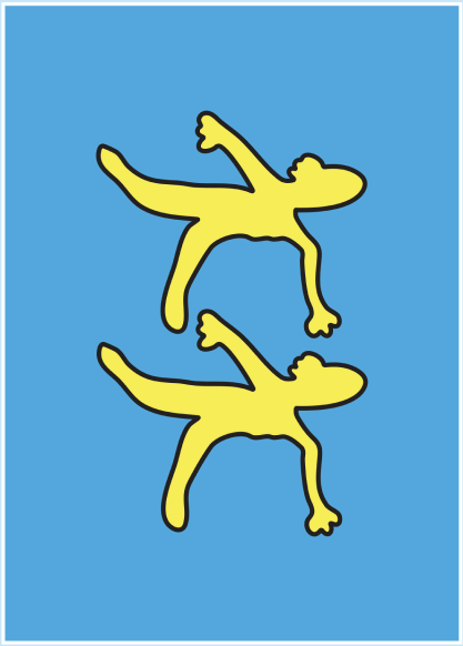 Postcard: two yellow figures tumbling on a blue field