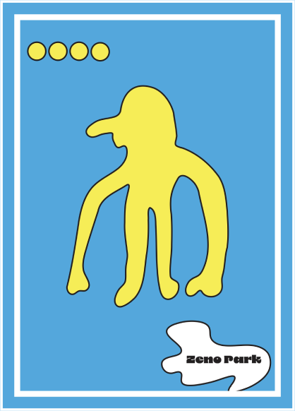 Postcard: a single yellow figure with long arms on blue, signed Zeno Park