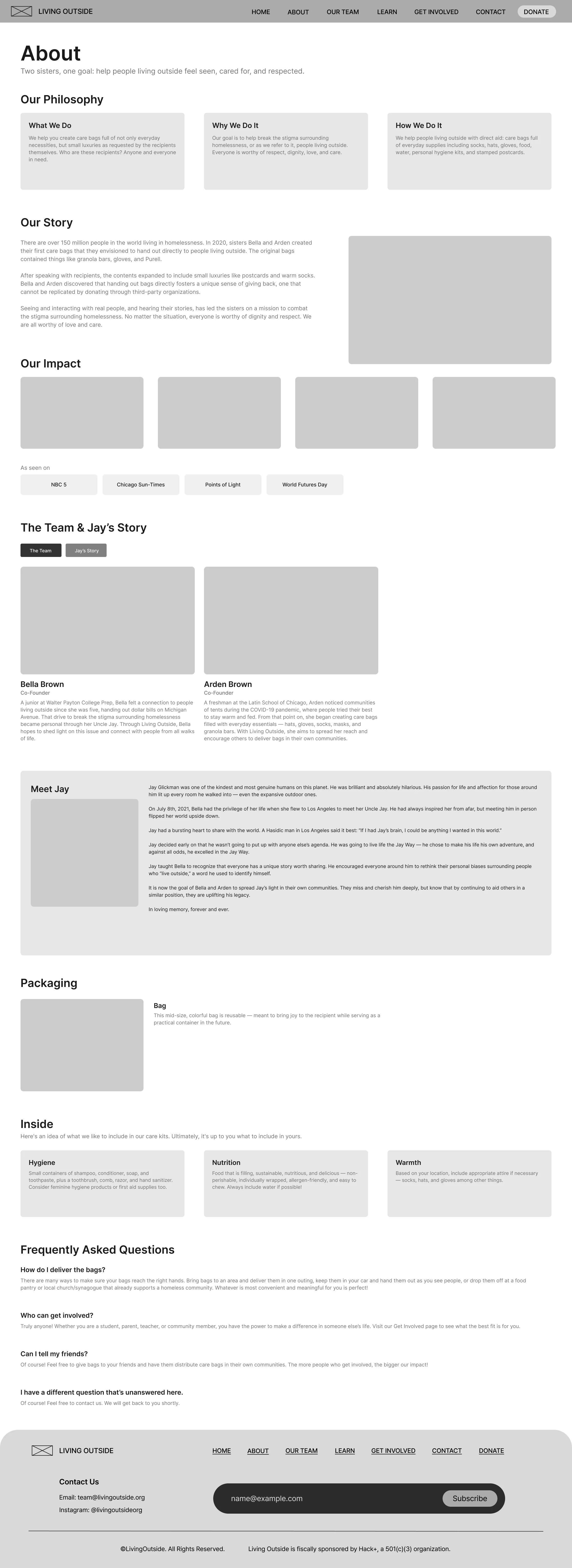 Grayscale wireframe of the About page: philosophy, story, impact, the founders’ story, packaging, and FAQ