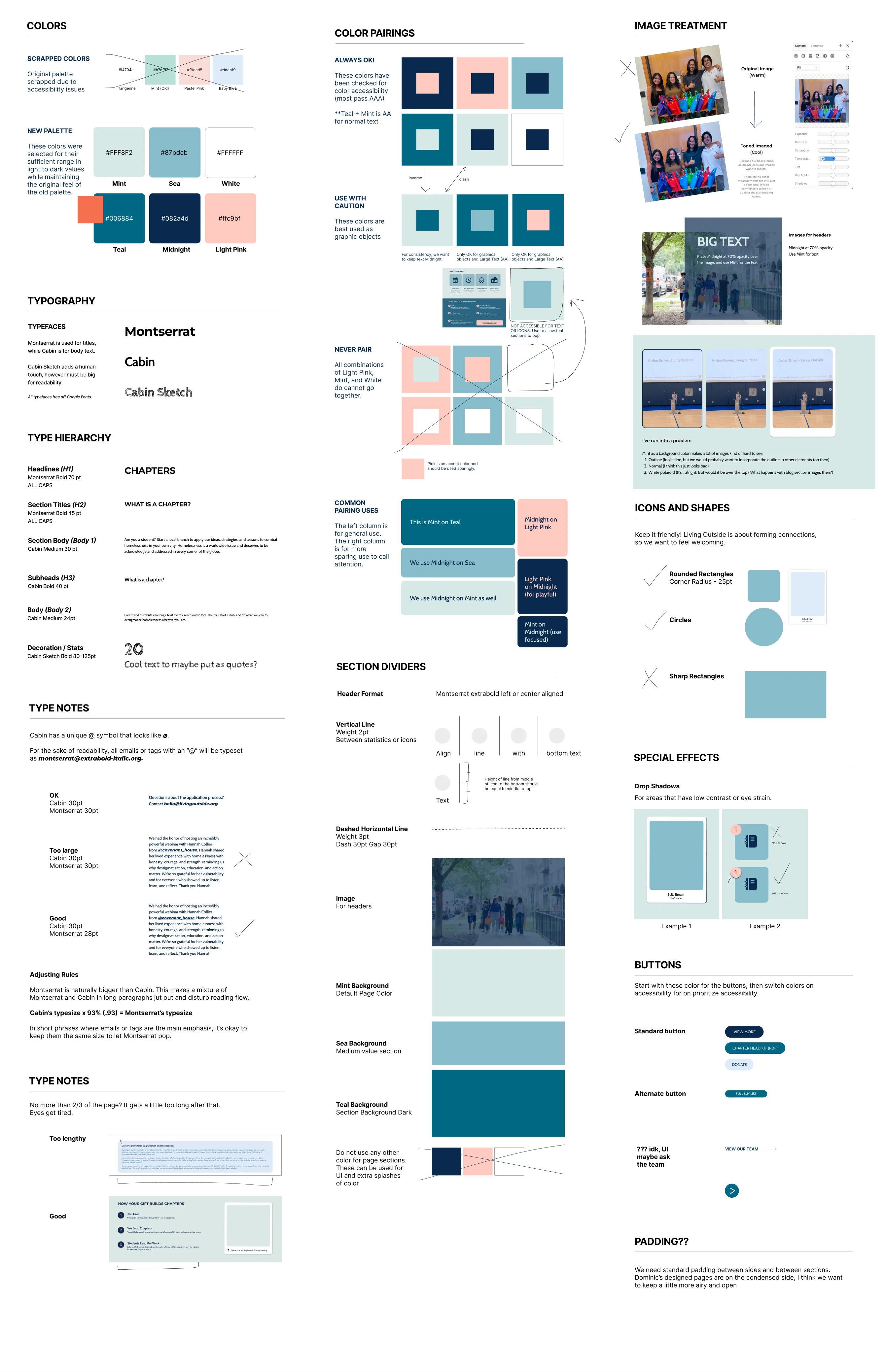 Brand sheet: new color palette with contrast notes, color pairings, typography with Montserrat, Cabin, and Cabin Sketch, section dividers, image treatment, icons and shapes, and buttons