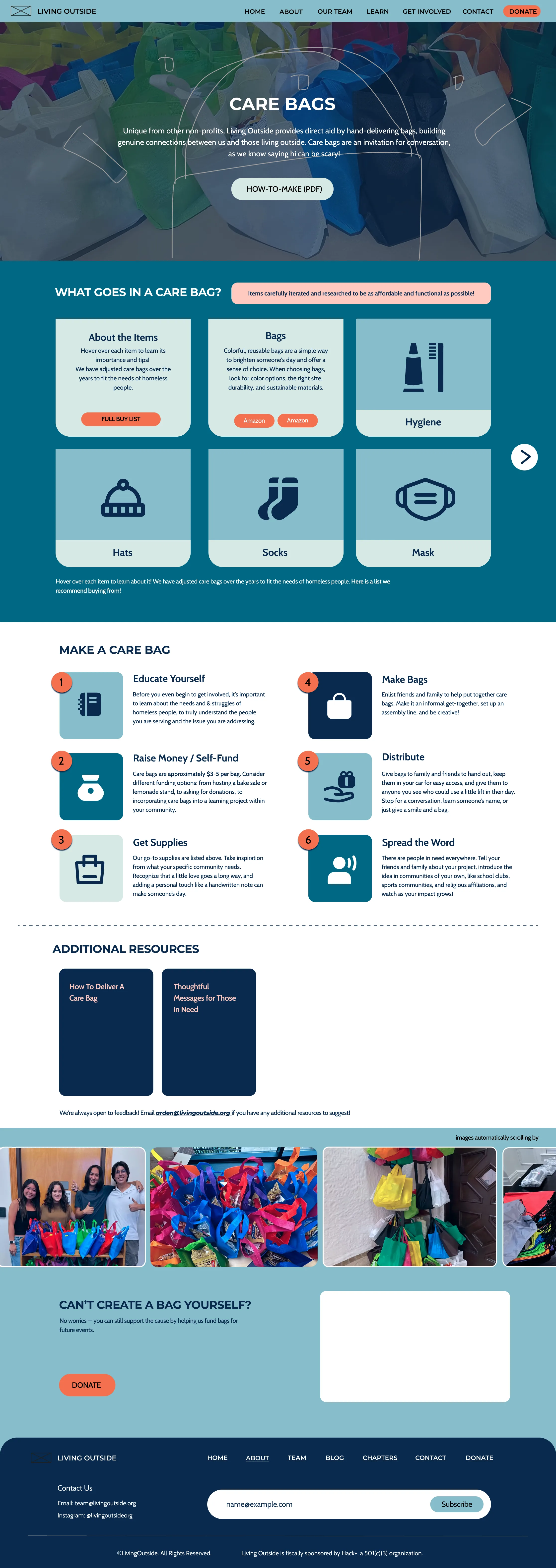 Care Bags page: what goes in a care bag, how to make one in six steps, additional resources, and a donate option