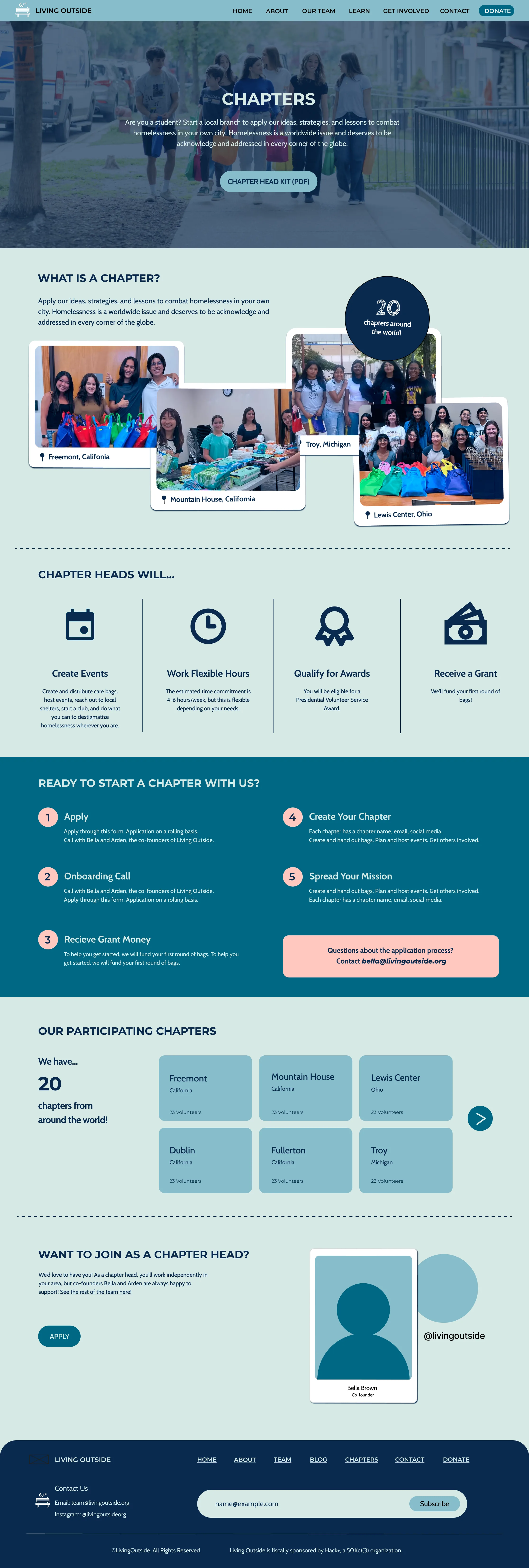 Chapters page: what is a chapter, what chapter heads do, five steps to start a chapter, and the participating chapters