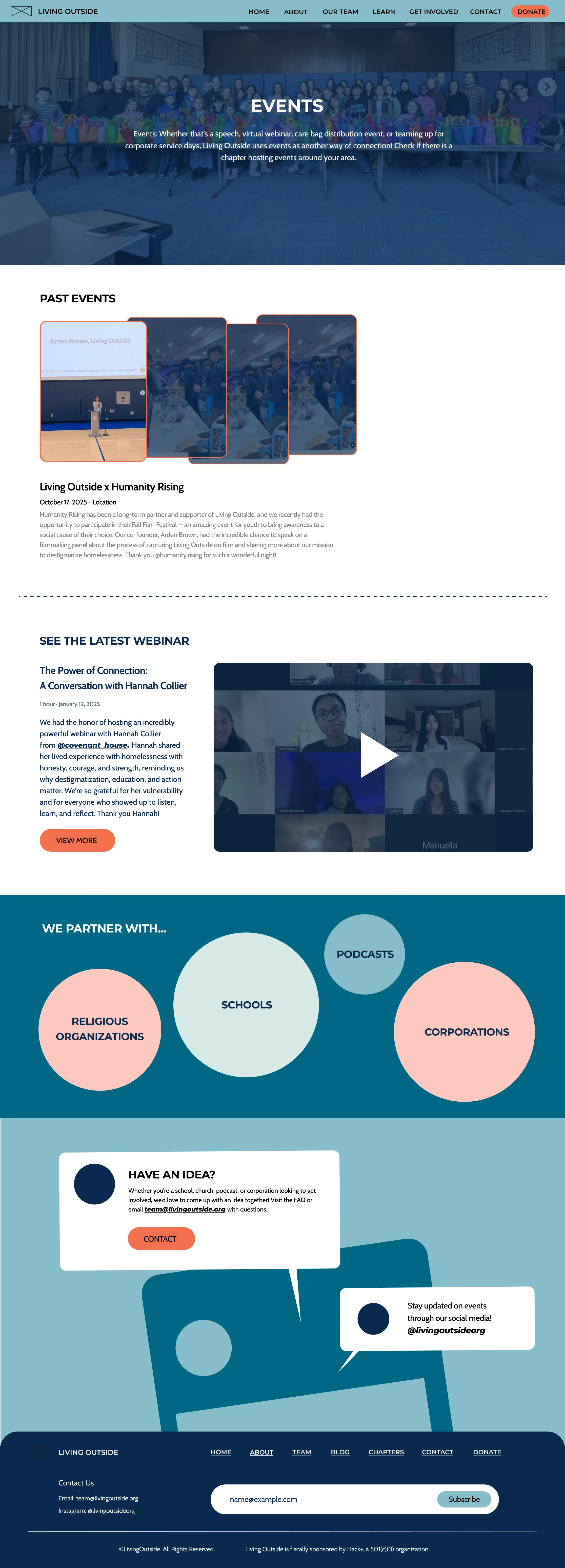 Events page: past events, the latest webinar, partners, and a prompt to share an idea