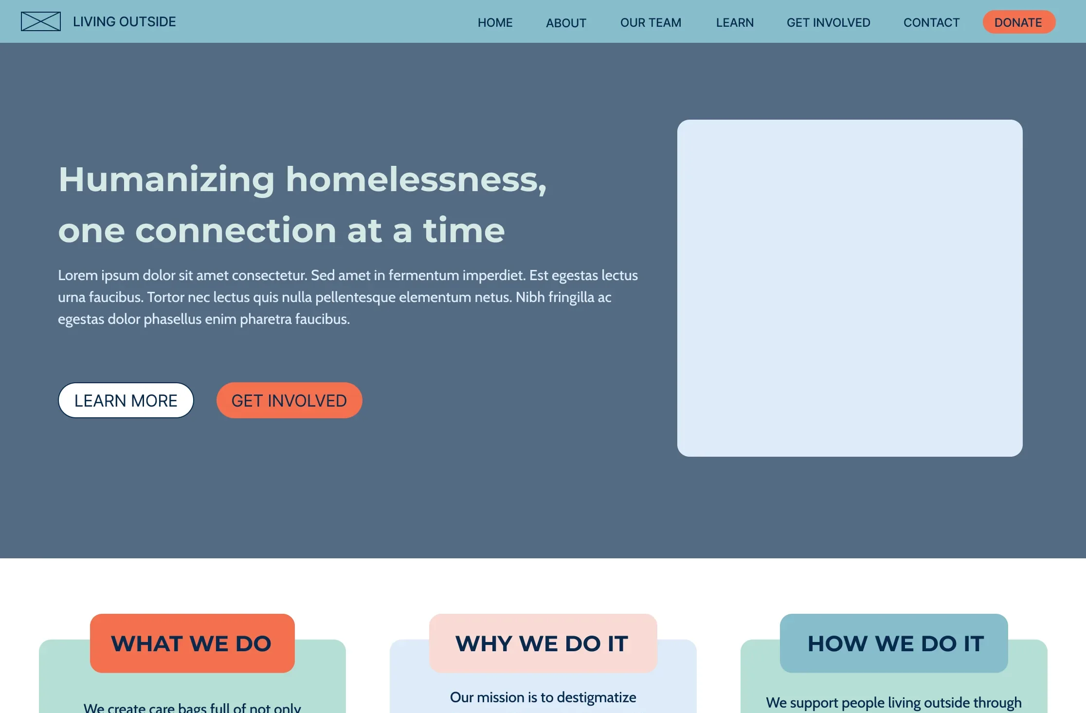 Top of the redesigned Living Outside home page: Humanizing homelessness, one connection at a time
