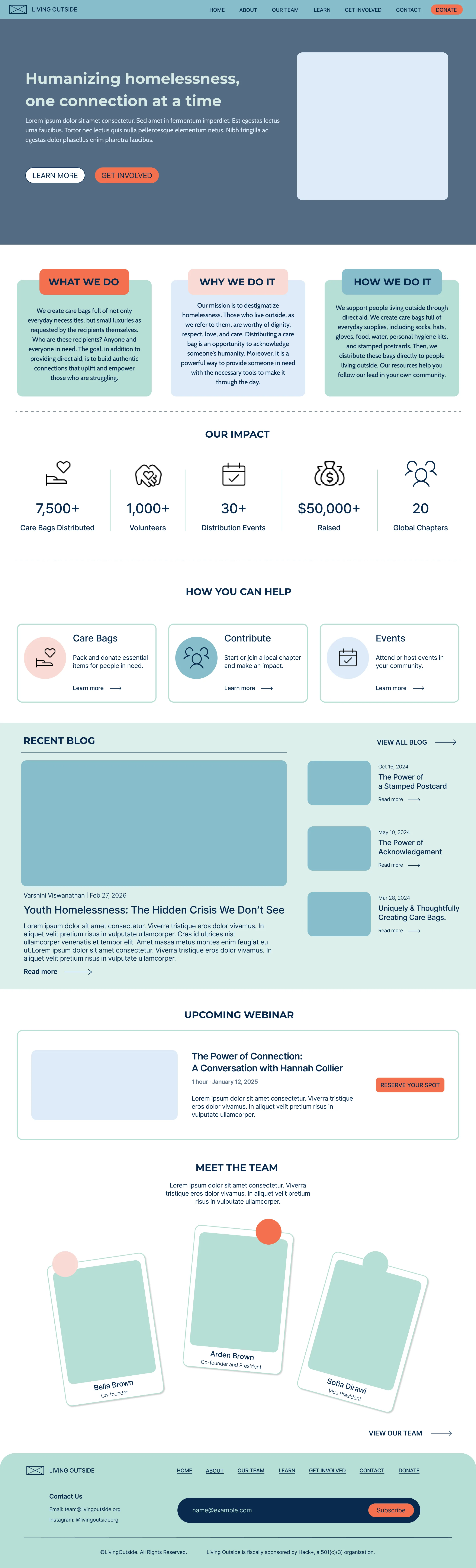 Redesigned Living Outside home page: Humanizing homelessness, one connection at a time; What we do, Why we do it, How we do it; impact numbers; three ways to help; recent blog posts; an upcoming webinar; and the team