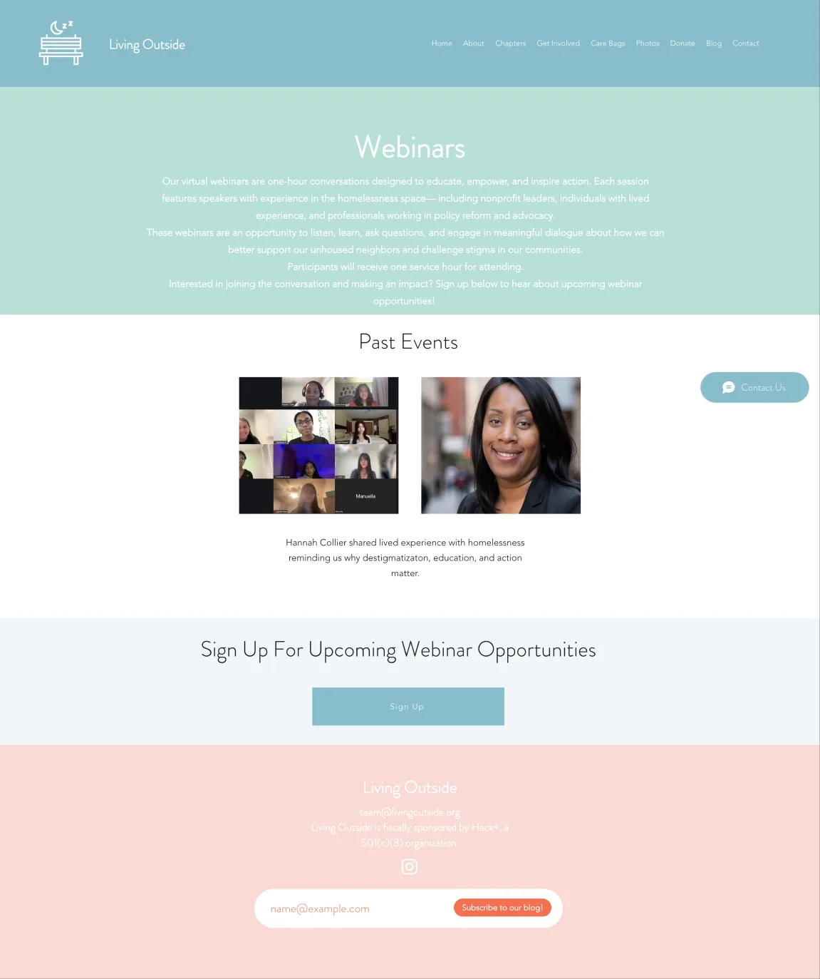 The original Living Outside webinars page: a pale header, a small row of past-event photos, and a sign-up block with little hierarchy