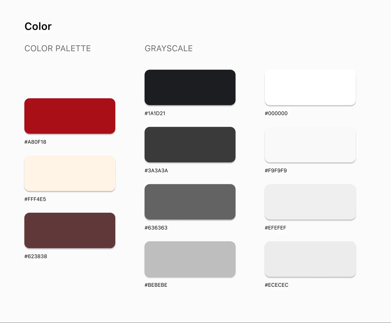 Color palette: red #A80F18, cream #FFF4E5, brown #623838, and a grayscale from #1A1D21 to #F9F9F9