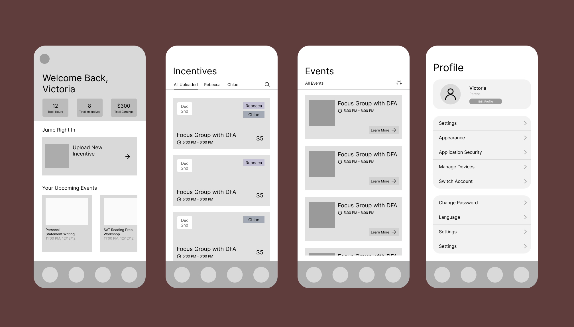 Medium-fidelity grayscale wireframes of the Home, Incentives, Events, and Profile screens