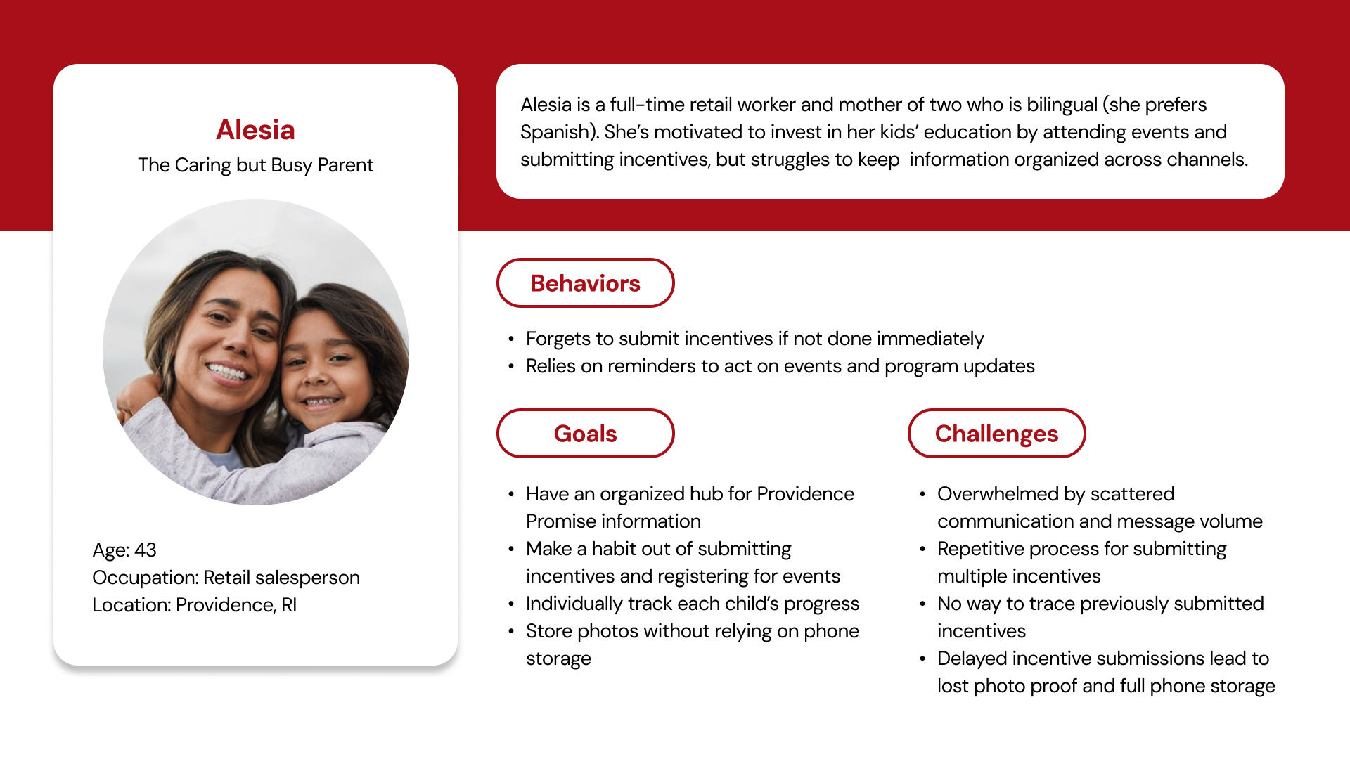 Persona: Alesia, the caring but busy parent, 43, retail salesperson in Providence, with behaviors, goals, and challenges