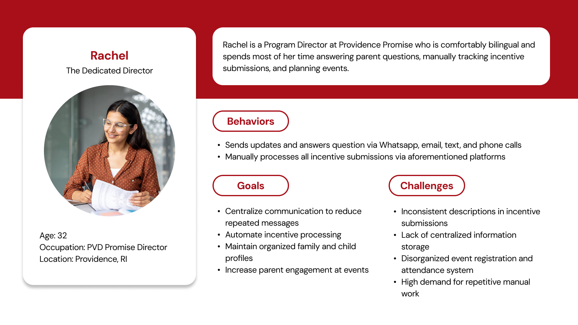 Persona: Rachel, the dedicated director, 32, with behaviors, goals, and challenges