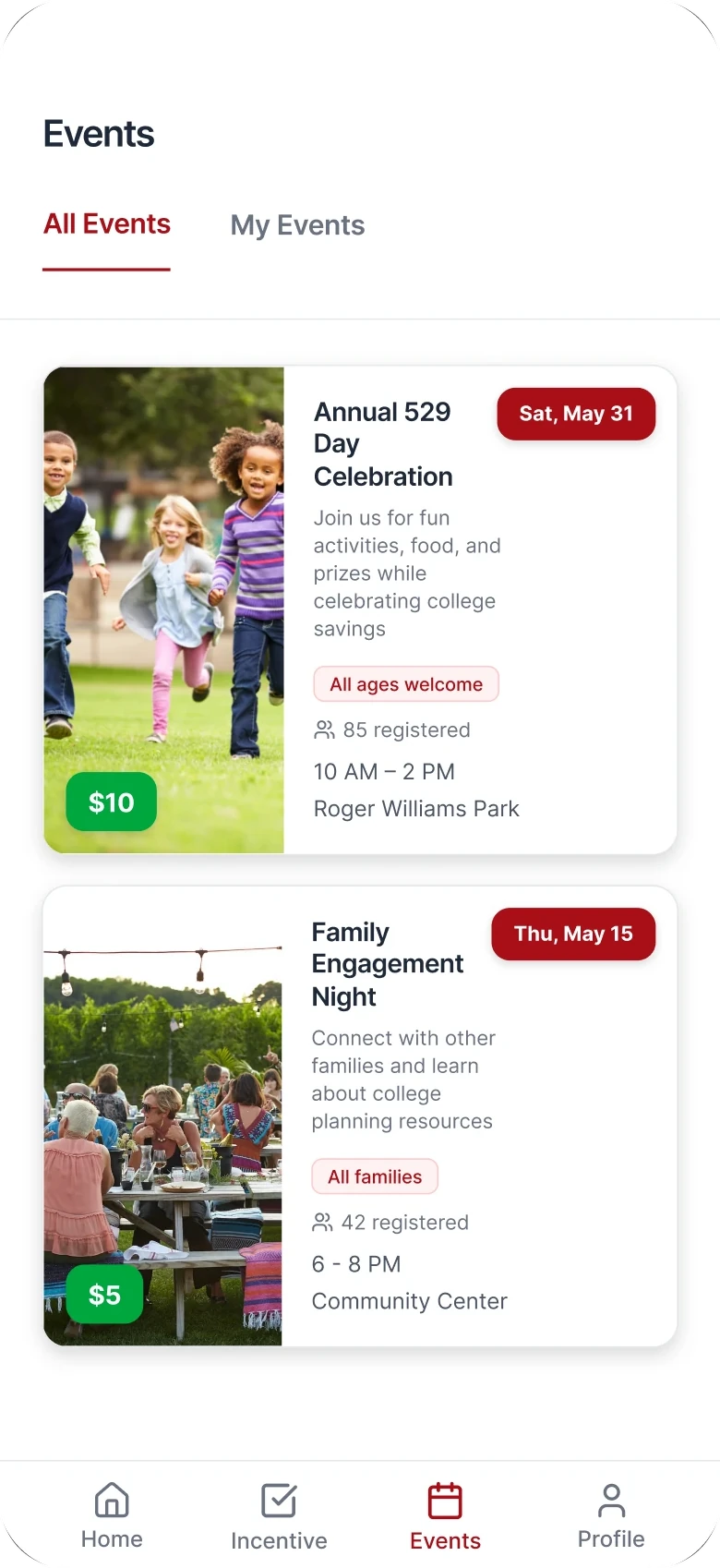 Events list with event cards showing photo, reward, date, audience, and number registered