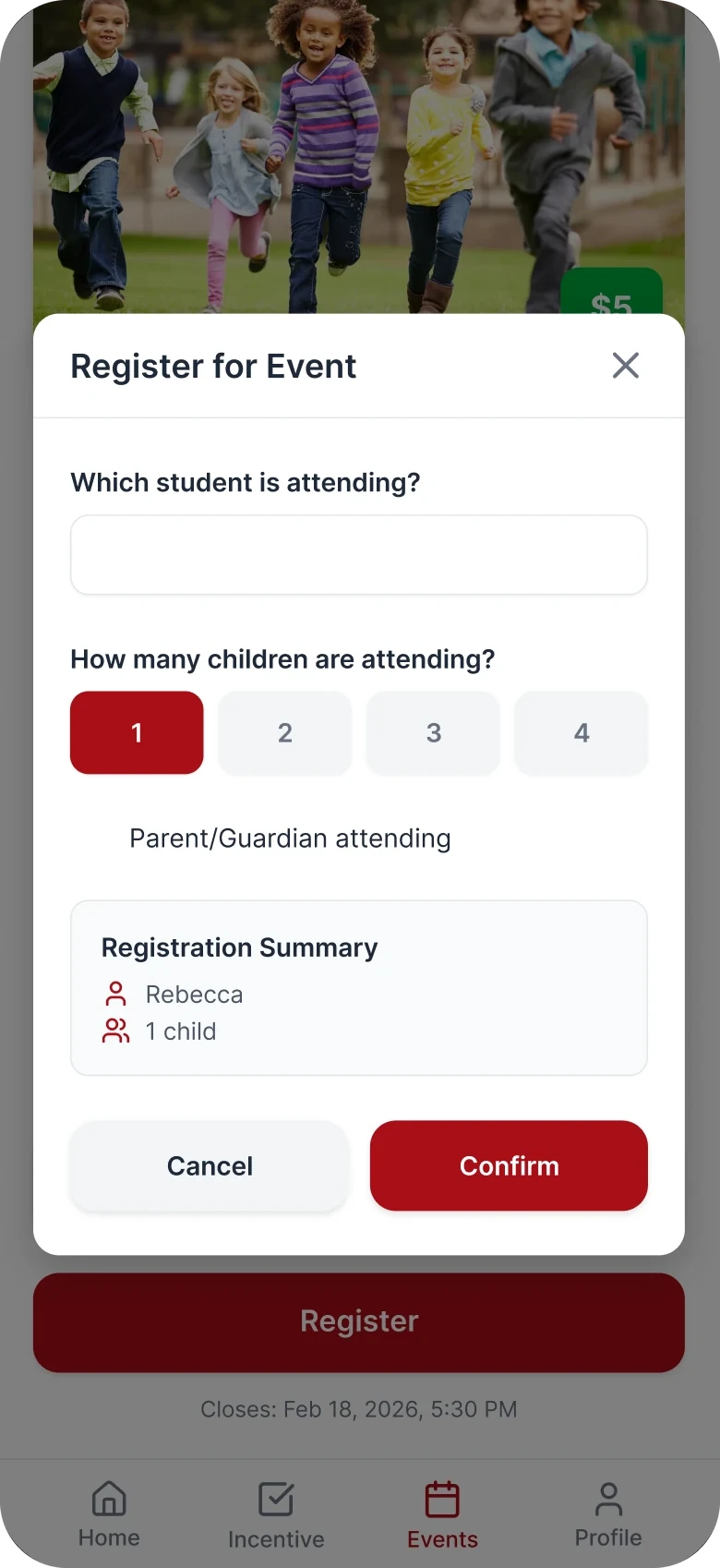 Register for Event sheet asking which student is attending, how many children, whether a guardian is attending, with a registration summary