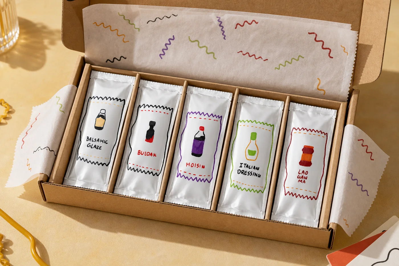Open kraft box with squiggle-printed tissue holding five Pocket Sauce packets