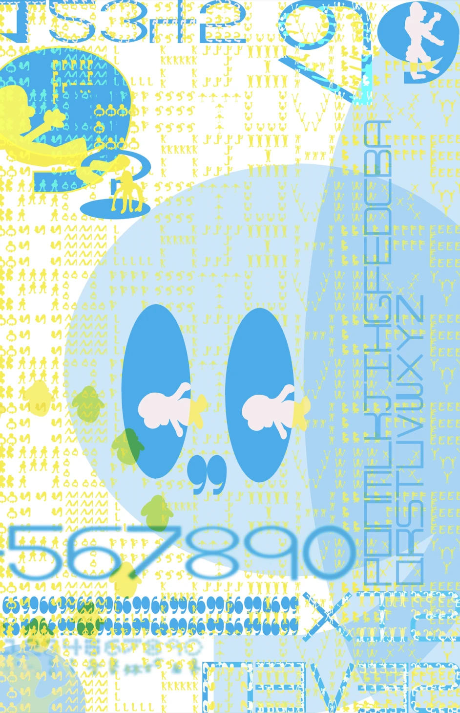 Poster with blue arches and letters behind a large white character, a green figure, and a blue character in a yellow hat