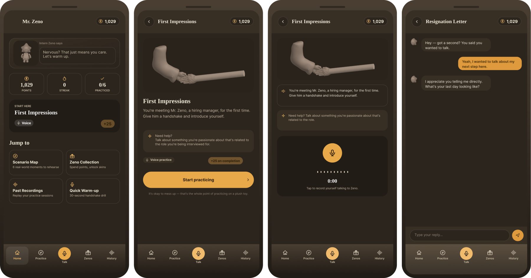 Four app screens: Home with points and streak, First Impressions scenario intro, voice practice with a record button, and a chat practice conversation