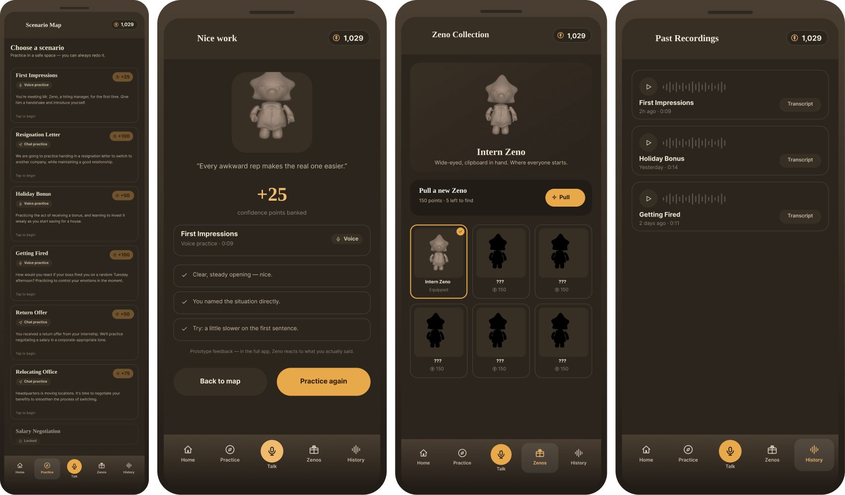 Four app screens: scenario map list, feedback screen awarding 25 points, Zeno collection, and past recordings