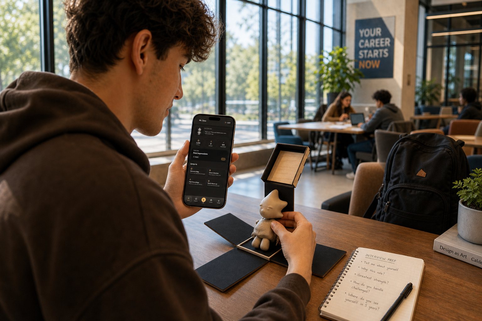 A student at a campus table practicing with the Mr. Zeno app on his phone while holding the Zeno figure from its box