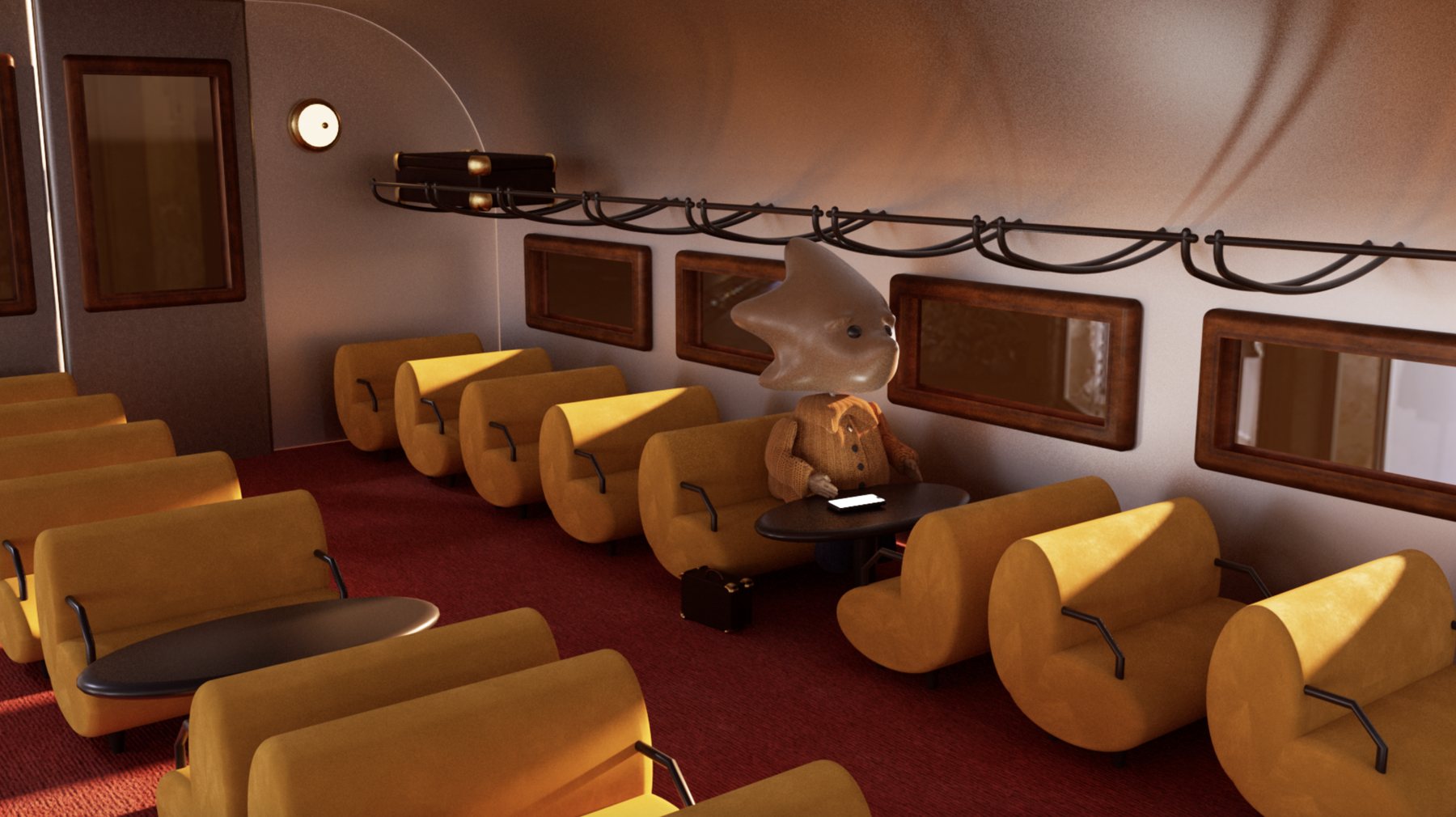 3D render of Mr. Zeno seated alone in a warm, empty train car full of mustard-colored seats